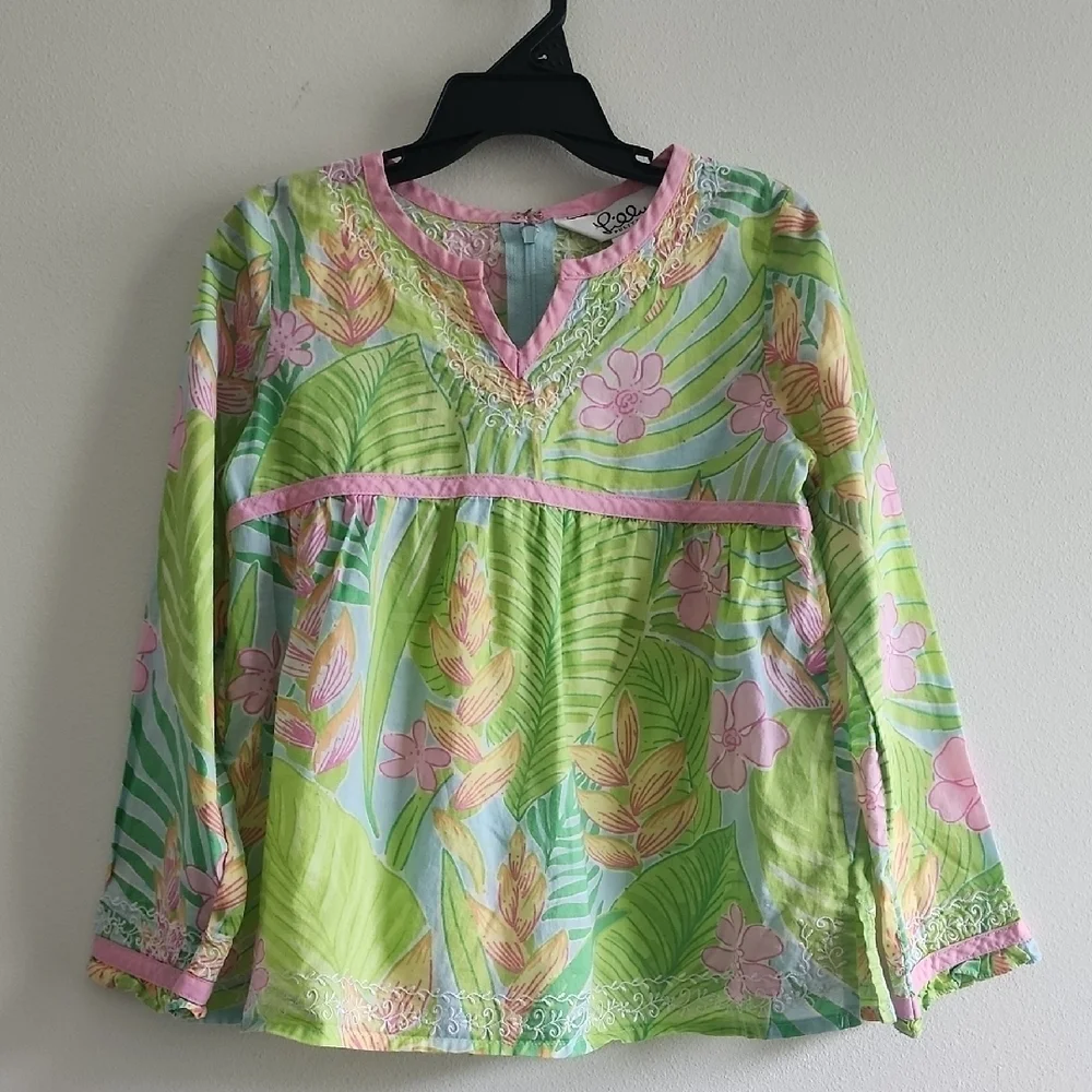 RARE Vintage Lilly Pulitzer Baby Girl Dress - Tropical Floral & Pink Trim Sz 6 M